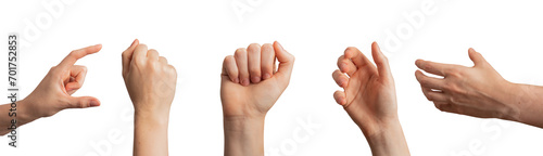 Different hand gesture, sign, symbol set. Holding, grabbing, show quantity, fist isolated on white photo