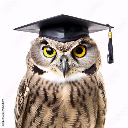 An owl wearing a graduation cap on a white background.