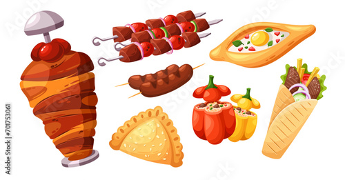Eastern Food Featuring Kebabs, Khachapuri, Stuffed Bell Pepper And Shawarma With Bold Flavors, And Aromatic Spices