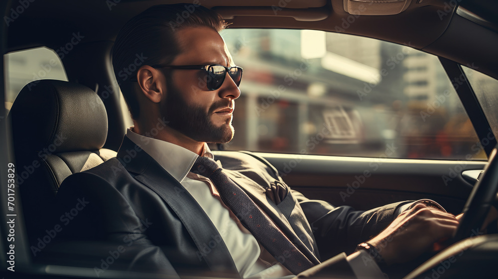 Successful businessman in a expensive suit sitting in his luxury car - obrazy, fototapety, plakaty 