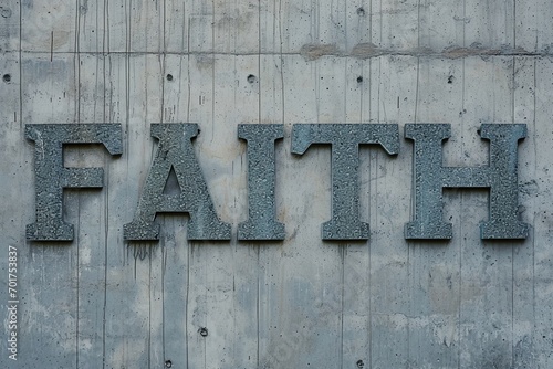 In a bold statement, the word faith stands out, embossed on a rugged concrete wall