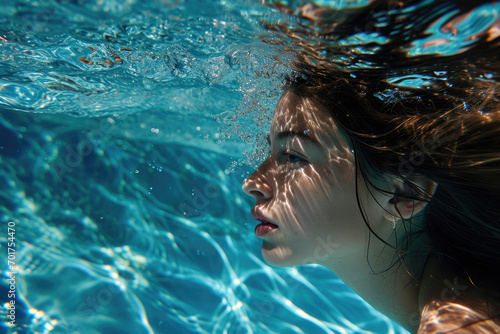 a girl swimming underwater of a swimming pool