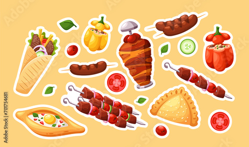 Cartoon Vector Stickers Set Of Eastern Food. Kebabs, Khachapuri, Stuffed Bell Pepper And Shawarma With Bold Flavors
