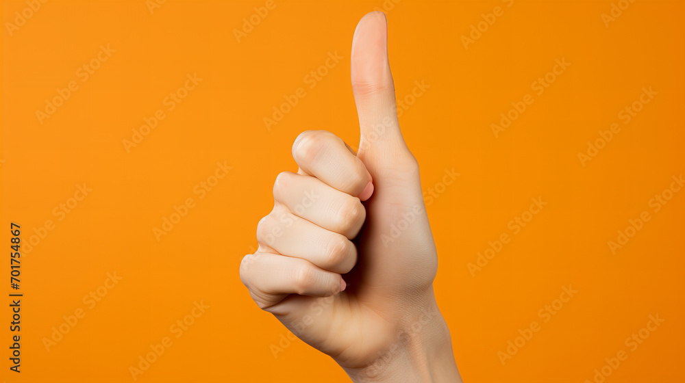 hand with finger up, Woman Hand with isolated on orange background, Close up of white woman hand, Female hand showing sign OK, copy space