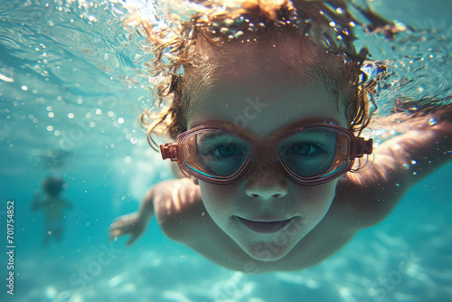 a kid swimming underwater of a swimming pool