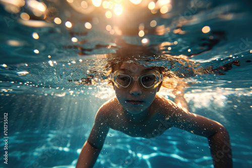 a kid swimming underwater of a swimming pool