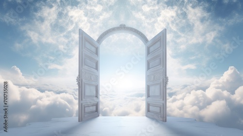 Open door to the blue cloudy sky symbolism of Heaven Door. Door into another world or new life photo