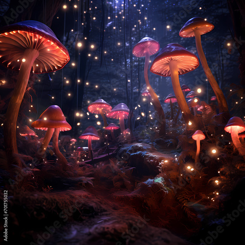 Glowing mushrooms in a magical forest