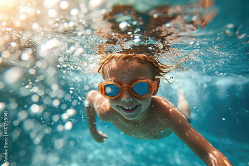 a kid swimming underwater of a swimming pool