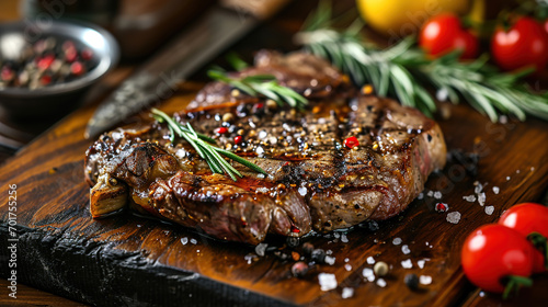 Grilled steak with rosemary and pepper on plate, closeup