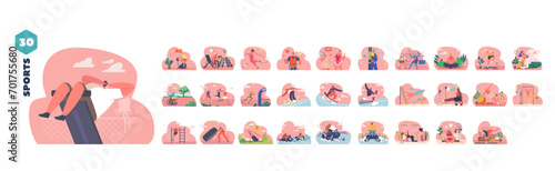 Isolated Elements with People Doing Sports exercises. Male and Female Characters Snowboarding, Running, Icons Set