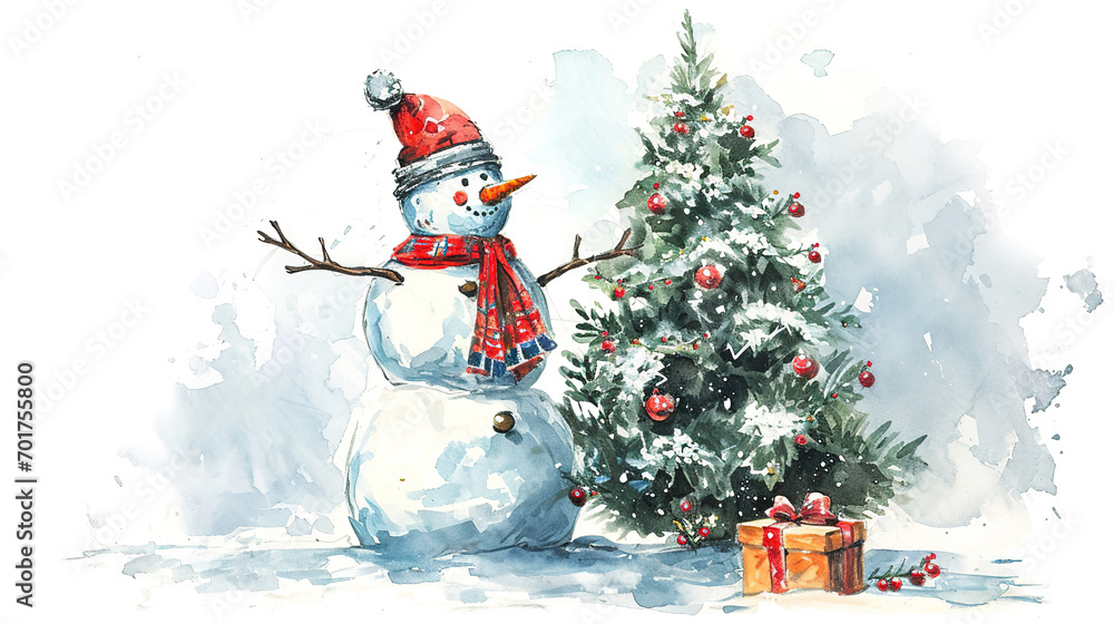 Obraz premium Snowman with a Christmas tree, watercolor
