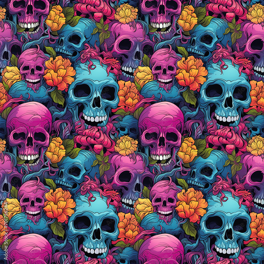 seamless texture pattern with dead skulls in bright multicolored colors on acid background