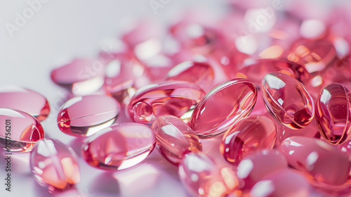 Close up of a pile of pink pills, vitamins on a white background. 