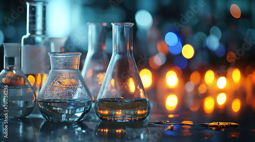 Laboratory glassware with colorful bokeh background, science research concept