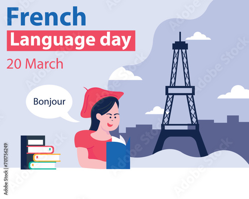illustration vector graphic of a woman is reading a French dictionary, showing the imagination of the city of Paris, perfect for international day, french language day, celebrate, greeting card, etc.
