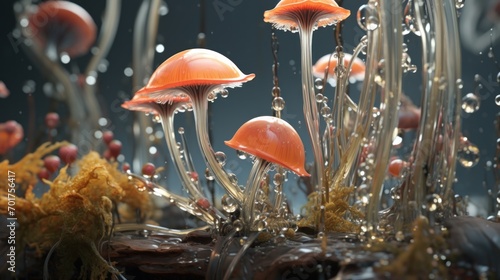  a group of orange mushrooms sitting on top of a lush green forest covered in drops of water on top of a forest floor.