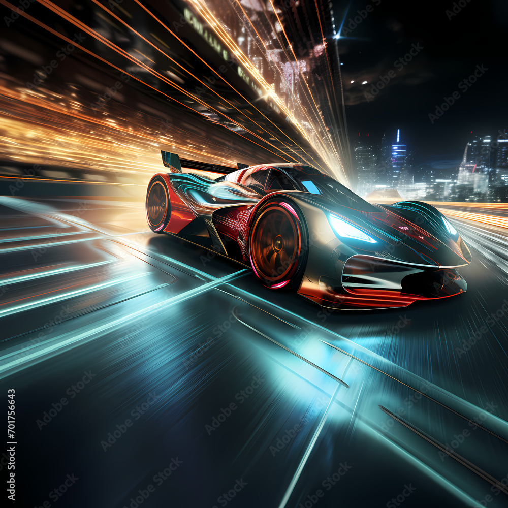 Futuristic racing cars on a track made of light.
