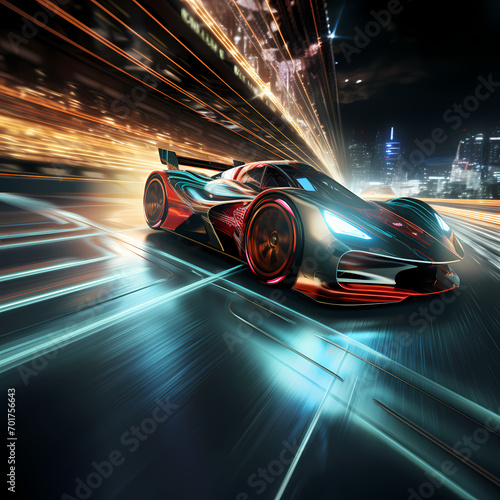 Futuristic racing cars on a track made of light. © Cao