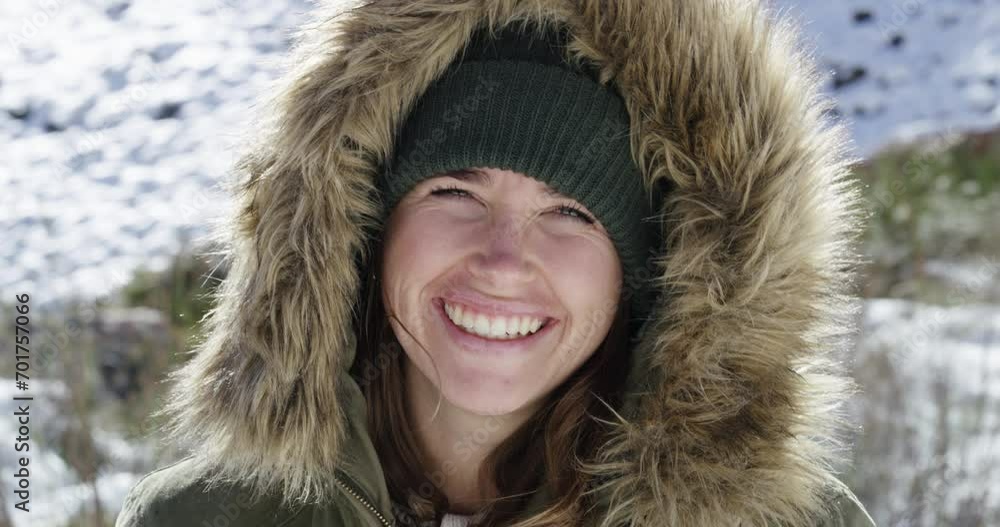 Woman, happy and snowy mountain with face, thinking and peak with fur, cold and eyes. Hiker, vision and climber for adventure, holiday and nature to explore, hobby and summit in iceland for freedom Woman, happy and snowy mountain with face, thinking and peak with fur, cold and eyes. Hiker, vision and climber for adventure, holiday and nature to explore, hobby and summit in iceland for freedom