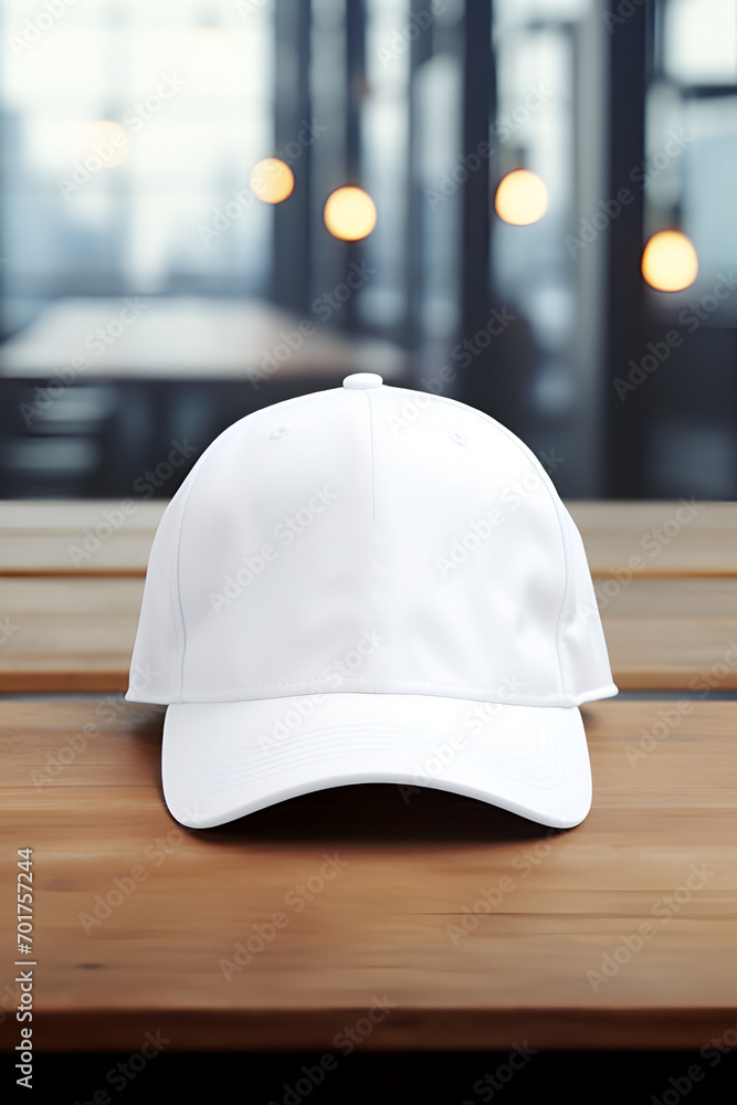 White cap baseball hat mockup on the wooden table White cap baseball hat mockup on the wooden table