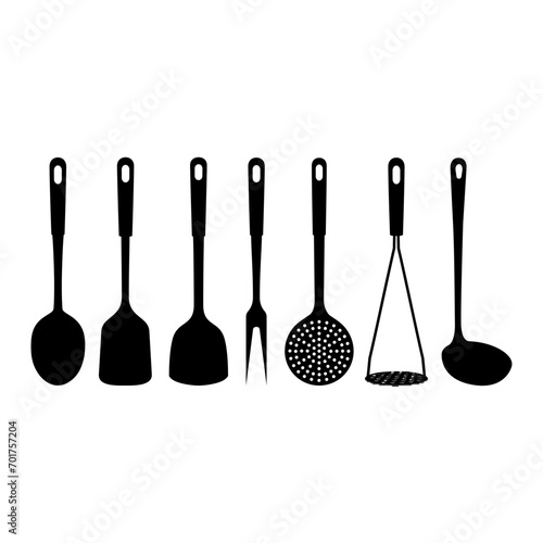 Set of soup ladle and slotted spoon, kitchen Spatula, Potato Masher, Skimmer Spoon, meat fork, large spoon, silhouettes of kitchen utensils, isolated on white background. Vector flat design