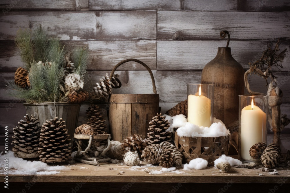 a table topped with lots of pine cones and candles
