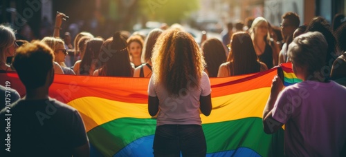 Pride parade participants holding rainbow flag. LGBTQ community solidarity. Banner.