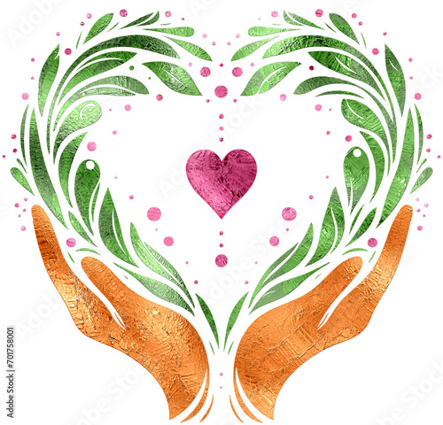 Metallic color of hand hold green leaf in heart shape with pink heart inside.