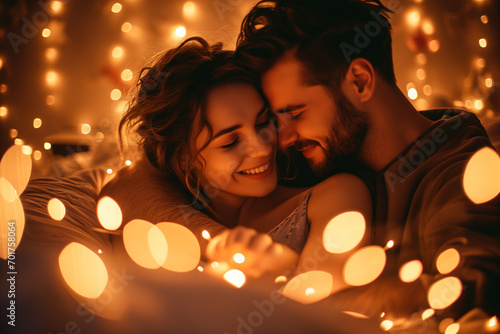 couple in the night with warm white lights at bedroom.