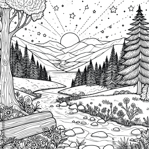 Natural scenary coloring book black and white. environment vector drawing