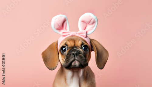 Cute funny puppy dog wearing easter bunny ears. Generative AI © AIExplosion