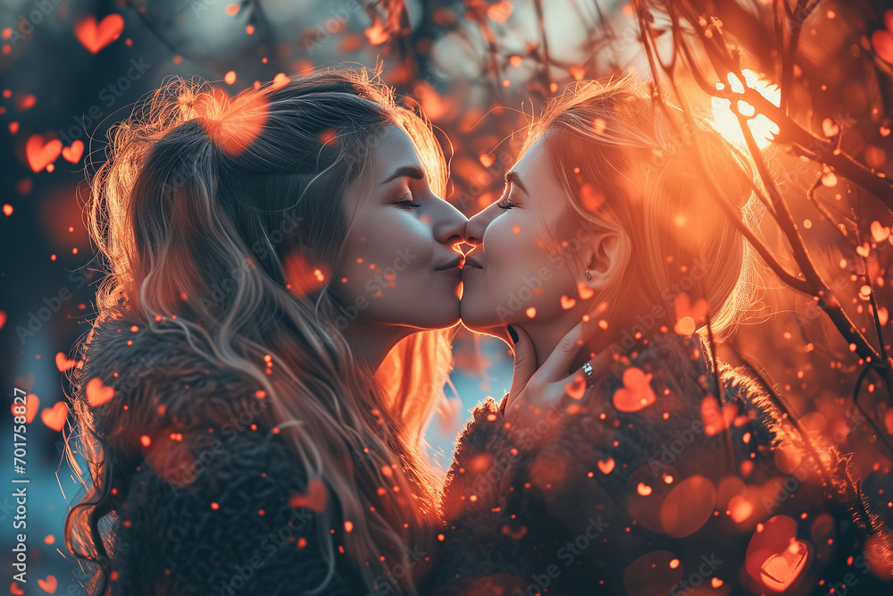 two girls kissing outdoor in the forest