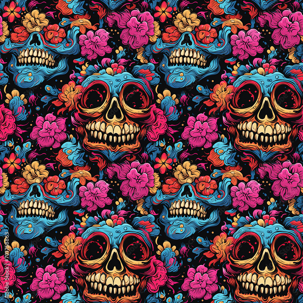 seamless texture pattern with dead skulls in bright multicolored colors on acid background