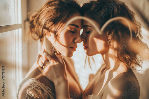 sensual moment between two women. touching each other, shortly before kiss.