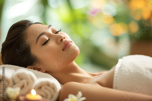 close up portrait of an asian woman relaxing in salon while getting a treatment. beauty and spa ads marketing image for websites, flyer and posts. photo