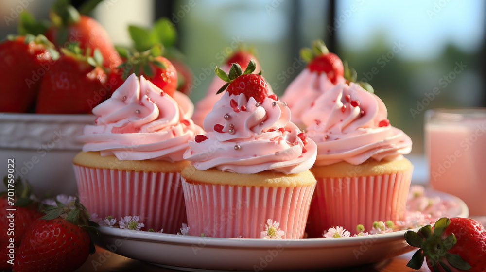 Strawberry Lemonade Cupcakes Topped with a Luscious Swirl of Cream Cheese Frosting, a Tempting Fusion of Sweet and Citrusy Flavors.