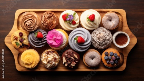  a tray filled with lots of different types of cupcakes on top of a wooden table next to a cup of coffee.