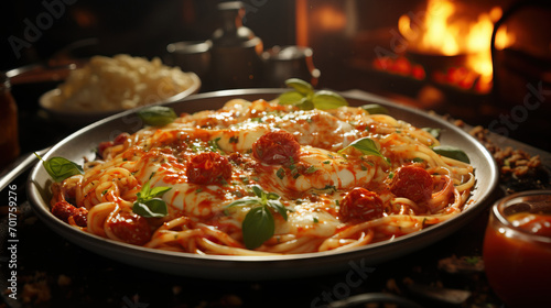 Italian Comfort: A Plate of Spaghetti with Tomato Sauce and Meatballs, a Classic Dish Eliciting the Warmth and Flavor of Homestyle Italian Cooking.