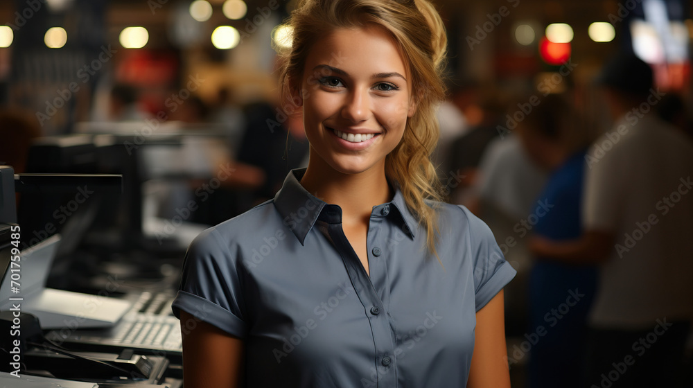 Smiling, Young, and Attractive Saleswoman Assumes the Role of Cashier, Radiating Warmth and Professionalism as She Attends to Customers with Diligence and a Friendly Demeanor Smiling, Young, and Attractive Saleswoman Assumes the Role of Cashier, Radiating Warmth and Professionalism as She Attends to Customers with Diligence and a Friendly Demeanor