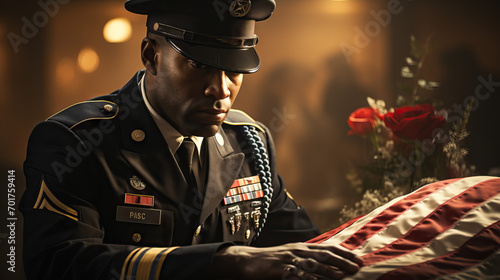 A Soldier Grieving Over a Casket Draped with the USA Flag, a Heart-Wrenching Image of Loss and Patriotism