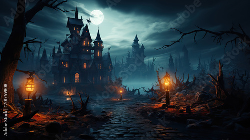 A Scary Castle on Halloween Night, a Haunted Palace or Mansion Set Against a Dark Blue Background. A Spooky View of an Old Mystery Castle with Bats Silhouetted Against the Full Moon