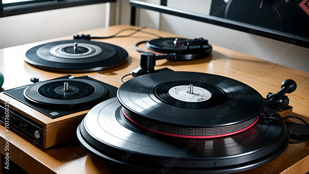 A stack of retro vinyl records on a turntable A stack of retro vinyl records on a turntable
