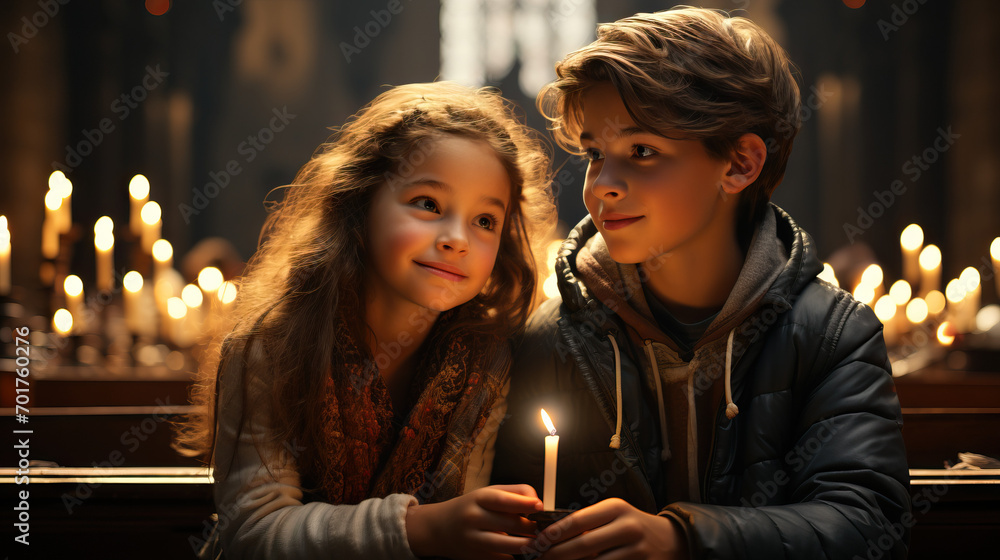 Children in Prayer Before the Altar in a Church, Seeking Guidance and Solace in Their Faith