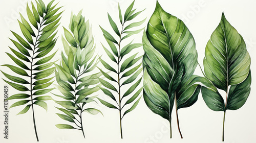 Tropical palm leaves set on white background. Watercolor hand-painted, summer clipart