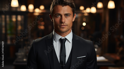 Full-Length Portrait of a Handsome Brunette Man in a Business Suit, Gazing Forward with Confidence