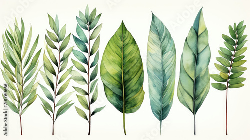 Tropical palm leaves set on white background. Watercolor hand-painted  summer clipart
