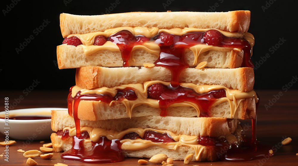 Peanut Butter and Jelly Sandwiches Artfully Arranged on a Clean White Surface, an Irresistible Tower of Classic Comfort and Flavor. Peanut Butter and Jelly Sandwiches Artfully Arranged on a Clean White Surface, an Irresistible Tower of Classic Comfort and Flavor.
