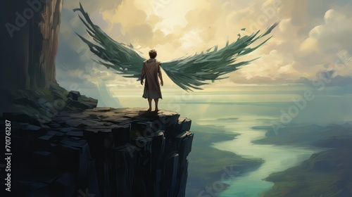 An illustration of a character standing at the edge of a cliff, longing to fly with shortened wings. photo