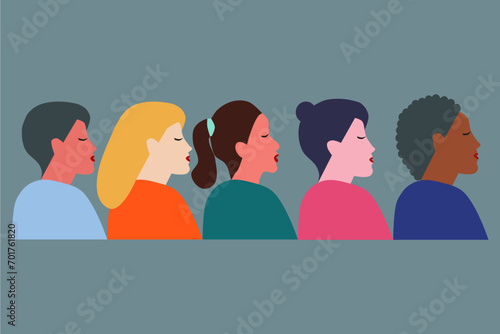 Group of women with different nationalities and cultures standing together. International Women's Day banner. Vector illustration.
